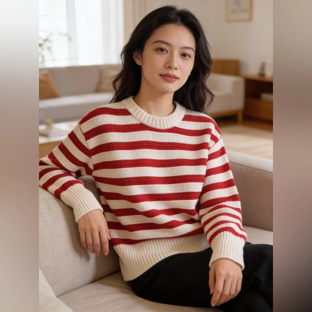 Chic Striped Red and Cream Women's Sweater - Picture 2 of 7